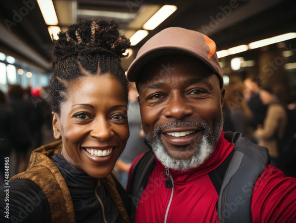 Obraz Smiling mature african american couple taking a selfie together in the city