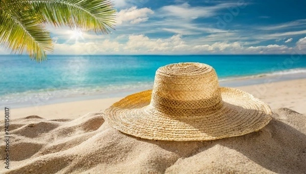 Fototapeta Straw hat on the beach. Beach holiday concept.