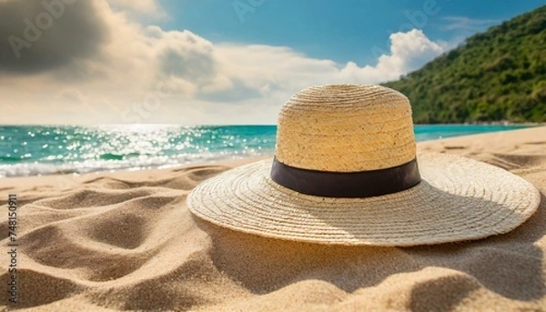 Fototapeta Straw hat on the beach. Beach holiday concept