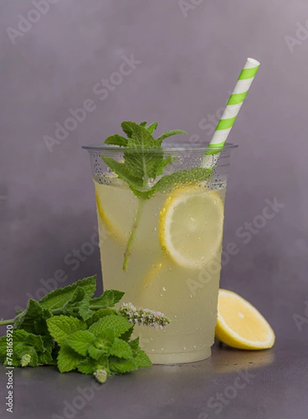 Fototapeta Lemoniada z miętą na lato. Zimny napój na lato. Miętowo cytrynowa lemoniada na różowym i szarym tle. Zmrożony napój na ochłodę. 