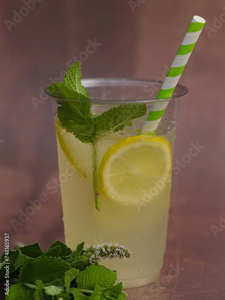 Fototapeta Lemoniada z miętą na lato. Zimny napój na lato. Miętowo cytrynowa lemoniada na różowym i szarym tle. Zmrożony napój na ochłodę. 