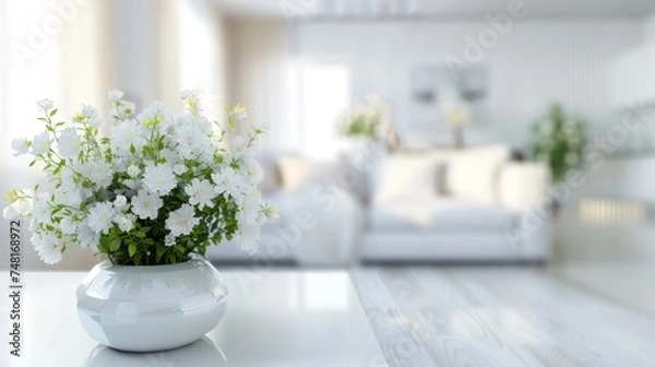 Fototapeta Modern white living room with sofa and furniture against a blurry bright background adorned with decorative flowers in vases. Wide panorama for background use