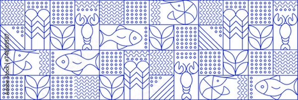 Fototapeta Web banner. Line geometric mosaic seamless pattern illustration. Fish and seafood geometric pattern. Natural food background creative simple, agriculture vector design. Healthy Food pattern
