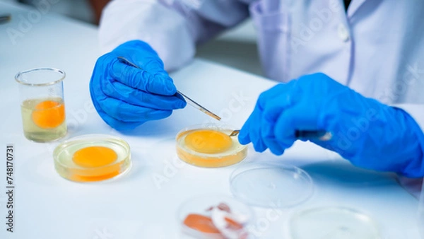 Fototapeta Professional Scientist or nutritionist do an experiment or research with egg yolk in laboratory, concept of microbiology, biochemistry, biotechnology, livestock factory or farm quality control protein