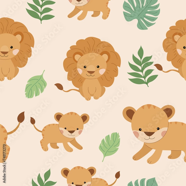 Fototapeta Safari pattern. Vector illustration safari animal and tropical leaves, for kids card, posters on light background.