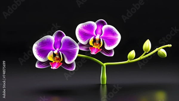 Obraz a flower orchid emoji on black background. Valentine's day. women's day, mother's day celebration. greeting card Copy space. orchid flower.