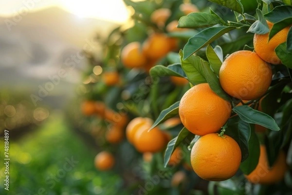 Fototapeta Golden rays of the setting sun illuminate a citrus orchard, casting a warm light over the ripe, round oranges.