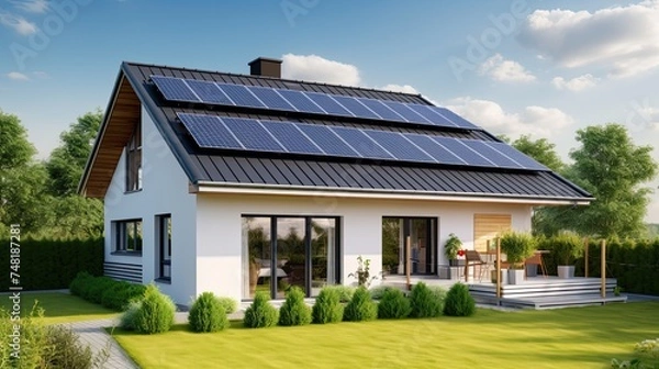 Fototapeta A building with solar panels on the roof. Sustainable and clean energy at home from the future.