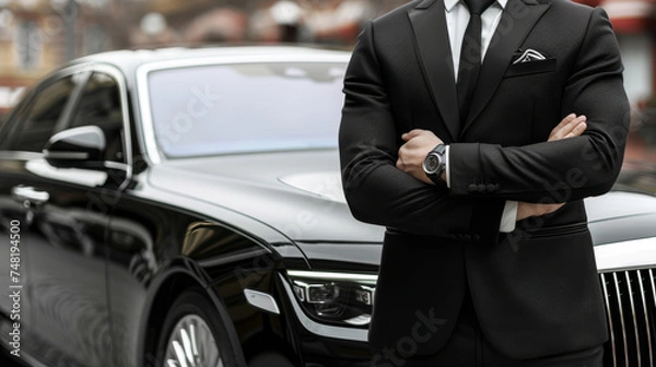 Obraz A business driver stands by an upscale car, exhibiting professionalism and readiness. Positioned near the vehicle, he awaits his boss, poised to provide transportation.