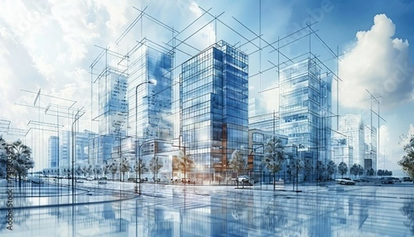 Obraz Commercial Real Estate Development Blueprinting, blueprinting for commercial real estate development with an image featuring developers and investors planning office buildings, AI