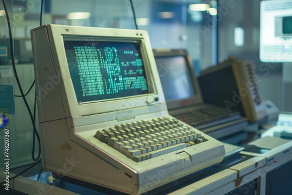 Obraz A computer with a keyboard and a screen that says ' microsoft ' on it