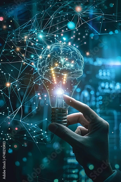 Fototapeta AI, Machine learning, Robot and human hands touching on a big data network, Creative brain data in a light bulb, Science and artificial intelligence technology