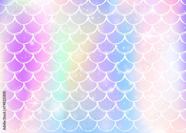 Fototapeta Princess mermaid background with kawaii rainbow scales pattern. Fish tail banner with magic sparkles and stars. Sea fantasy invitation for girlie party. Iridescent princess mermaid backdrop.