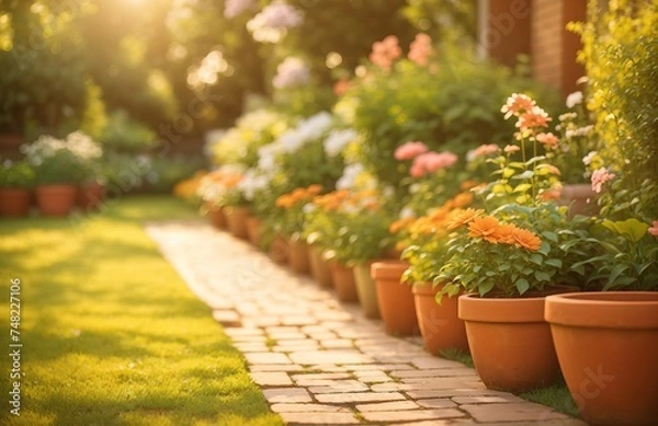 Fototapeta Garden path lined with blooming flowers