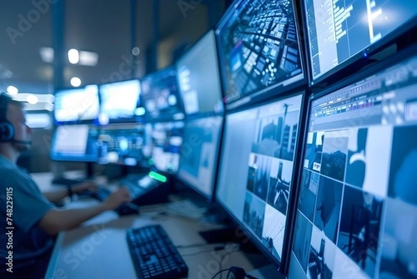 Fototapeta large room filled with several large monitors in the style of security camera set up in small office with dramatic use of perspective providing view of workspace equipped with modern technology
