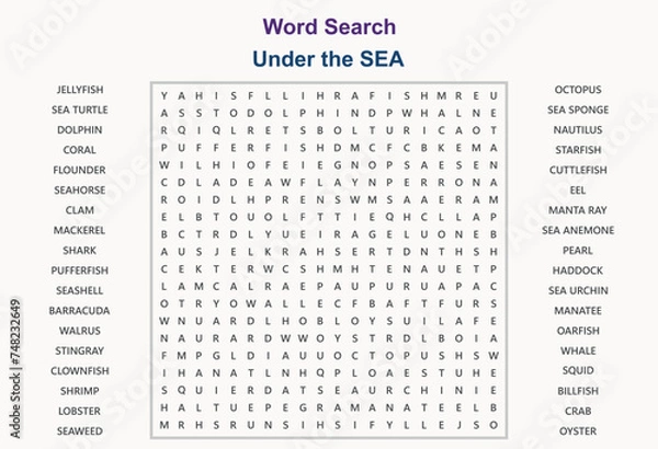 Obraz Word search puzzle vector (Word find game) illustration. Under the Sea