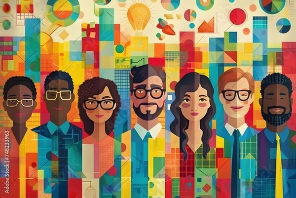 Fototapeta A unique and colorful illustration of a diverse group of business people, group of different people with different types of glasses standing with different kinds of building blocks