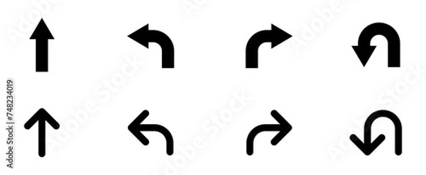 Fototapeta Go Straight This Way One Way Only U Turn Left and Right Black Arrow Sign Direction Icon Set. Vector Image.