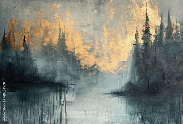 Fototapeta Splashes of bright paint on the canvas. Landscape. Interior painting. Beautiful background. Generative AI.