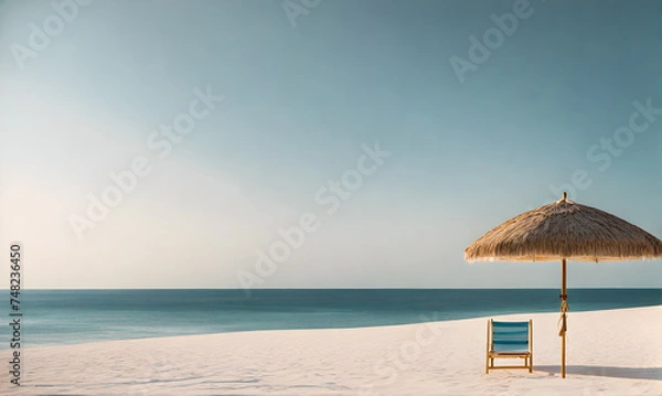 Fototapeta Single Beach Umbrella Casting Long Shadow Over Pristine White Sand