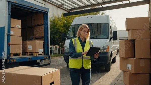 Obraz Outside of Logistics Retailer Warehouse With Female Manager Using Tablet Computer, Worker Loading Delivery Truck with Cardboard Boxes, Online Orders, Purchases, E-Commerce Goods, Merchandise