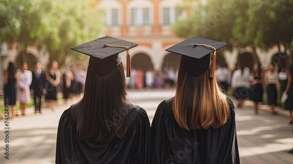 Fototapeta Two female graduates in cap and gown stand with their backs to the camera.
