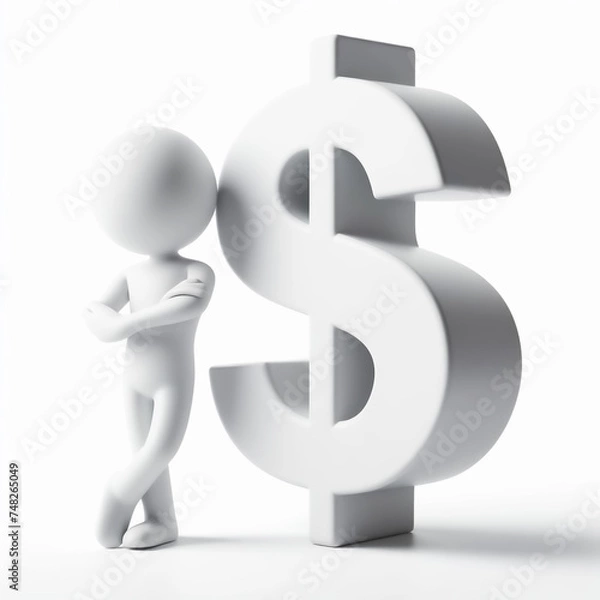 Fototapeta White 3D figure next to the dollar symbol on a white background. AI generated