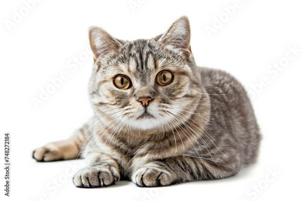 Fototapeta Portrait of a silver tabby British shorthair cat looking at the camera isolated on a white background