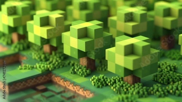 Obraz Lush 3D pixel trees in a serene green digital forest