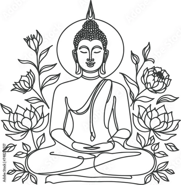 Obraz buddha meditation in continuous line drawing minimalist, simplicity contour, 