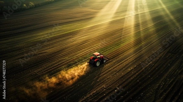 Fototapeta Tractor cultivating field at spring,aerial view