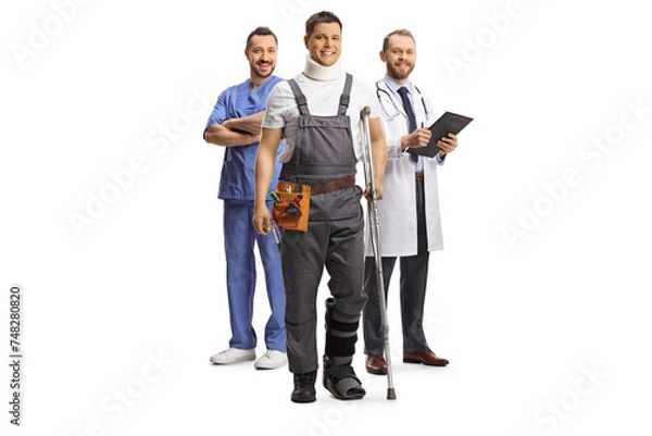 Fototapeta Worker with a neck injury leaning on a crutch with doctors behind