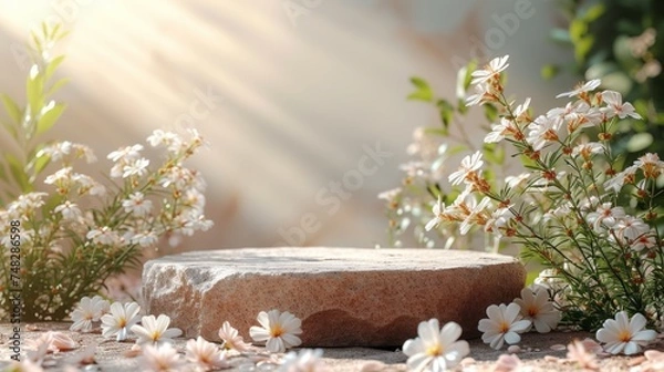 Obraz Empty Stone Podium Surrounded by White Flowers and Petals. Beautiful Elegant Scene with Natural Light Sunrays Background for Beauty Cosmetic Product Presentation Display Showcase