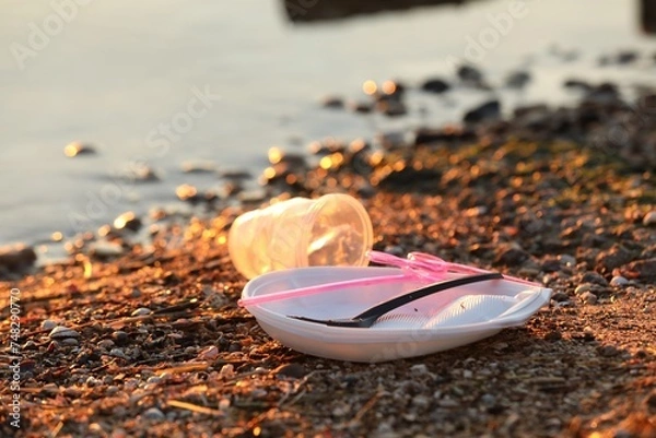 Fototapeta Used plastic tableware near water at beach, closeup and space for text. Environmental pollution concept