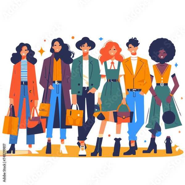 Fototapeta Vector illustration of a group of fashionable women walking in the city.