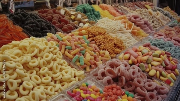 Fototapeta a display case filled with lots of different types of donuts and pretzels in different colors and shapes.