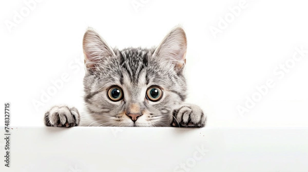 Obraz An adorable gray tabby cat peeking over the edge with wide, curious eyes on a white background.