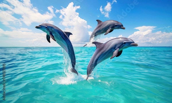Fototapeta joyful dolphins leaping out of turquoise sea water under blue sky