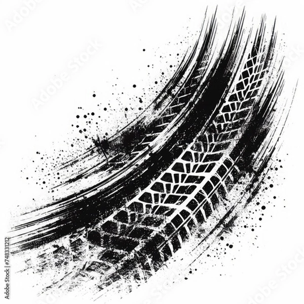 Obraz A simple and effective description of a white background featuring grunge black tire tracks. This visual element captures the essence of tire marks on a clean surface, adding a touch of texture 