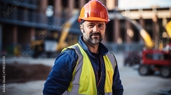 Fototapeta A helmeted worker, standing in the foreground, meets the camera's gaze with a determined and focused expression amid the construction activity.