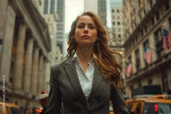 Fototapeta In the heart of the bustling business district, a woman in a sophisticated suit stands out as she confidently walks down the street, her poised demeanor