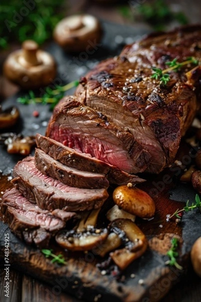 Obraz a sliced steak with mushrooms and herbs on a wooden surface