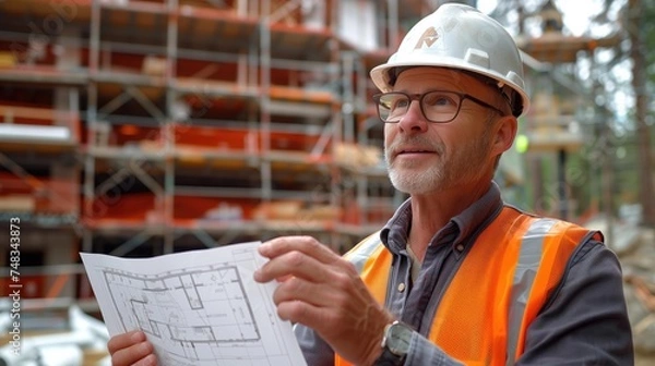 Fototapeta Construction worker in hard hat and vest studying building plans at site.