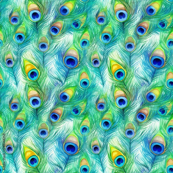 Fototapeta Watercolor Peacock Feather Seamless Pattern, Aquarelle Plumage, Watercolor Exotic Feather Tile