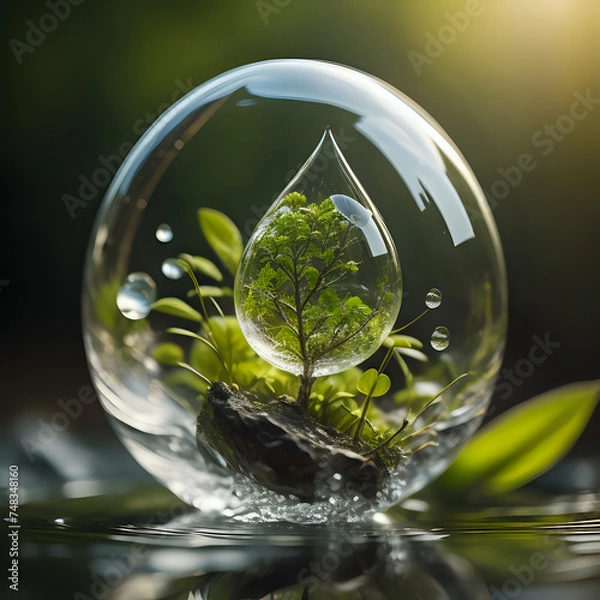Fototapeta Realistic water drop with an ecosystem- generated by ai