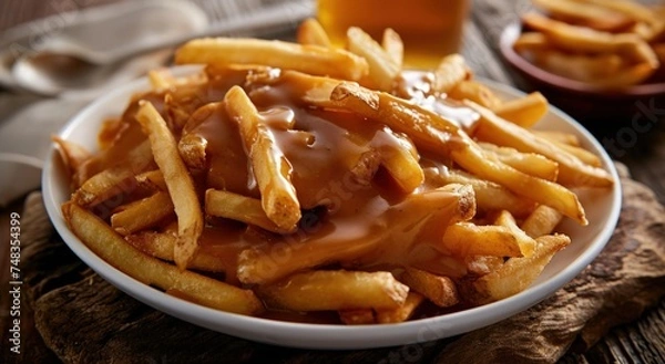 Obraz a plate of french fries with gravy on it