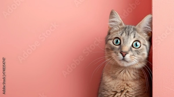 Fototapeta A cat peeks out from behind a corner on a light pink background, with copy space
