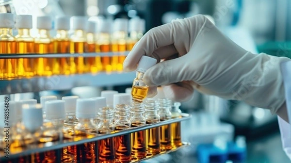 Obraz Hand with sanitary gloves check medical vials on lab