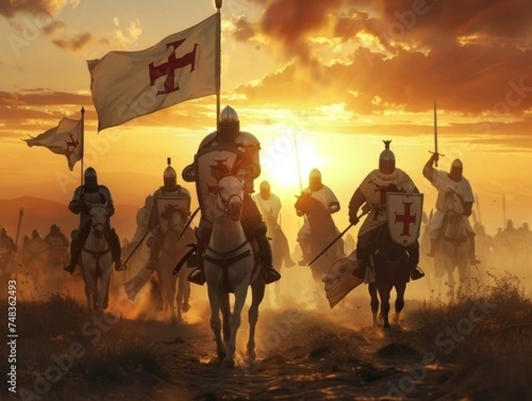 Obraz Warriors under the banner of the Knights Templar seek the Holy Grail as the sun sets merging myth with mission