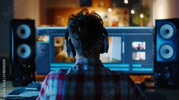 Fototapeta A boy sitting at the computer editing video, viewed from behind. International Labor Day concept.